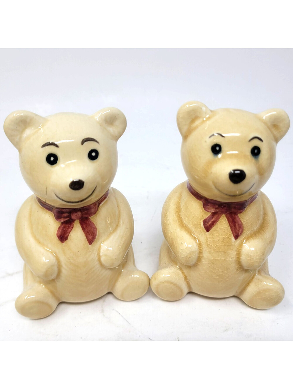 Vintage Ceramic Teddy Bear Salt Pepper Shakers Set Crackle Glaze Burgundy Bow